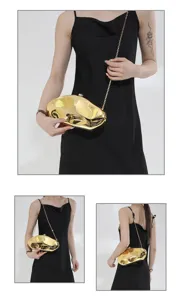 Stylish gold irregular acrylic hard clutch evening bag with metal chain strap for women.