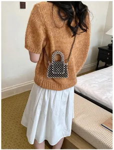 Handmade beaded mini crossbody bag for women, stylish metallic chain handbag detail view.