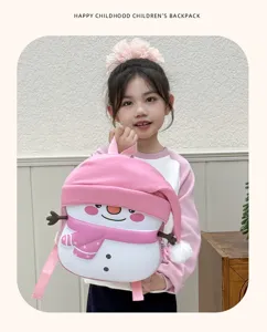 Cute pink snowman children backpack detail view, lovely EVA school bag for kindergarten kids.
