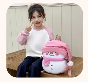 Detailed view of kids pink snowman EVA backpack, cute candy color school bag for kindergarten.