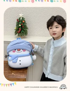 Details of the cute kids EVA snowman backpack with adorable cartoon design for kindergarten.