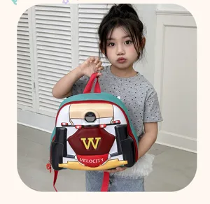Detailed view of kids EVA cartoon racing car backpack, lightweight school bag for boys girls