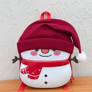 Detailed view of kids cute snowman shape EVA shell backpack with red hat and scarf for school.