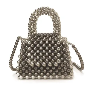 Handcrafted beaded mini flap bag, metallic silver bead top handle crossbody bag for women.