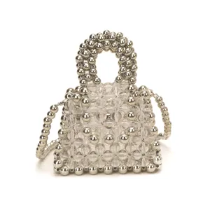 Handcrafted beaded mini handbag crossbody bag clear crystal and silver beads fashion summer style.