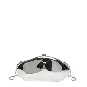 Silver metallic acrylic hard clutch bag with chain strap, stylish evening handbag for women.