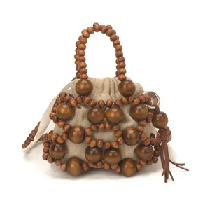 Bolso de mano de cuentas de madera hecho a mano con bolsa de lona, mini bolso cubo.