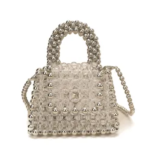 Handmade beaded mini handbag stylish clear and silver beads crossbody bag for women summer fashion