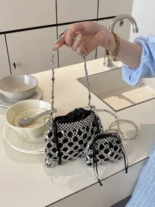 Handgemaakte Kralen Ketting Emmertas Voor Dames Minimalistisch Stille Luxe Satijn Trekkoord Schoudertas Crossbody Tas Mode Avondtas