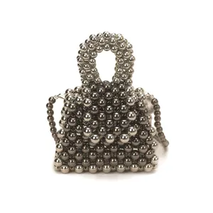 Handmade metallic beaded mini handbag, luxury silver bead crossbody bag for women.