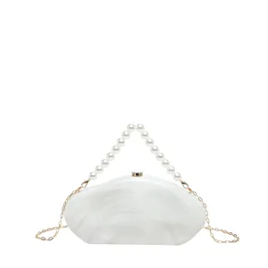 Chic acrylic evening clutch bag with pearl handle and metal chain strap for women.