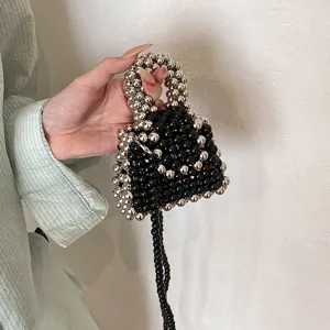 Handmade black silver beaded mini bag fashion chic crossbody handbag for women summer style