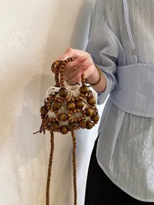 Bolso de mano chic de cuentas de madera mini bolso cruzado tejido a mano para mujer