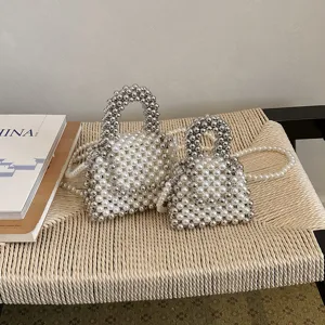 Handmade pearl and silver beaded handbag fashion mini cosmetic phone crossbody bag