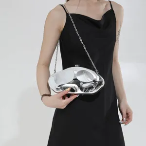 Silver irregular hard shell evening clutch bag with chain strap for women fashion main view.