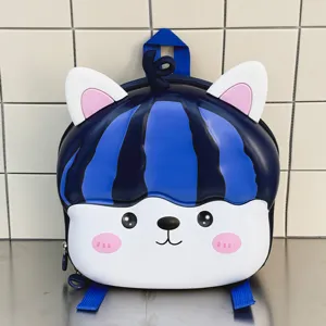 Cute cartoon EVA hard shell backpack detail, blue striped design with animal ears.