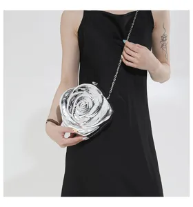 Silver rose shaped acrylic clutch bag with metal chain stylish evening crossbody bag for women