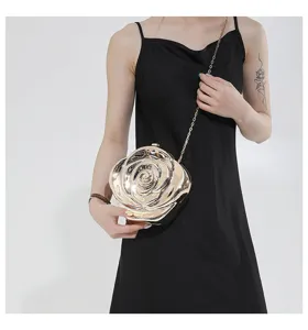 Gold rose acrylic evening bag with chain strap, stylish design for parties and events.
