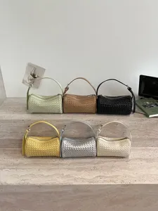 Women Woven Cylinder Bag PU Leather Handbag Minimalist Urban Crossbody Bag Chic Underarm Bag Trendy Shoulder Bag For Daily Matching