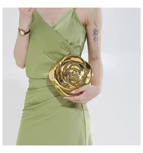 Gold rose shaped acrylic evening clutch bag, unique designer metallic floral shoulder handbag.