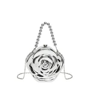 Silver rose acrylic evening bag with beaded handle and chain strap for women chic party.