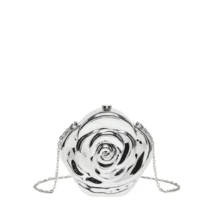 Silver rose shaped acrylic clutch bag, metallic finish detail, exquisite chain strap.