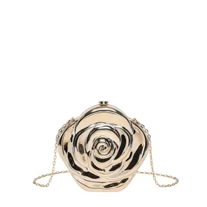 Gold rose shape acrylic evening clutch bag detailed view featuring a chic metal chain strap.