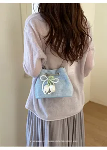 Light blue rhinestone bucket bag with pearl tulip decor, chic retro style shoulder bag.