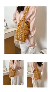 Acrylic beaded bucket bag for women, stylish hollow shoulder handbag with inner lining.