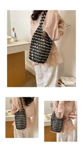 Acrylic Woven Beaded Bucket Bag Women Hollow Shoulder Handbag with Inner Lining Chic Beach