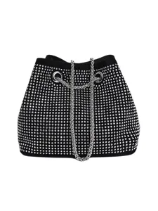 Black rhinestone bucket bag with sparkling crystals and silver chain strap detail for evening party.