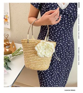 Summer natural straw woven handbag with large flower decoration, chic beach casual basket bag.