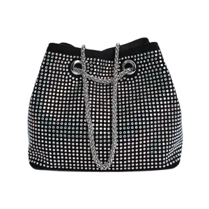 Black rhinestone bucket bag featuring sparkling crystals and silver chain strap for elegant style.