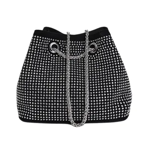 Detailed view of the sparkling rhinestone bucket bag with silver chain strap and metal eyelets.
