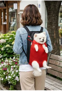 Breathable mesh pet backpack detail, lightweight portable double shoulder carrier bag.