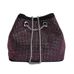 Detailed view of the sparkling pink rhinestone black bucket bag with a stylish silver chain.