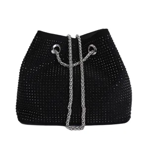 Black rhinestone bucket bag detail showing sparkling crystals and silver chain strap design.