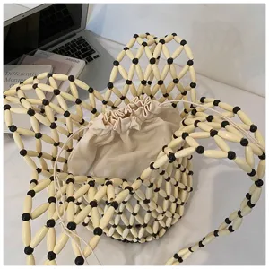 Beaded Woven Bucket Bag Hollow Out Shoulder Bag Beach Handbag with Inner Pouch