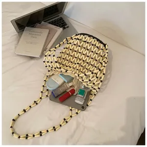 Woven beaded mesh shoulder bag, hollow out bucket handbag with inner pouch for women beach.