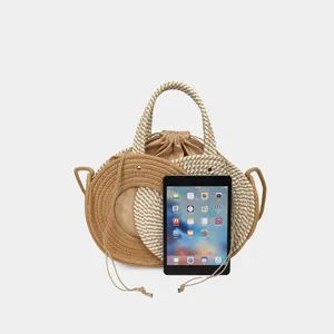 Bolso de paja tejido de verano para mujer, bolso de hombro redondo de playa bicolor.