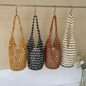 Woven Beaded Shoulder Bag For Women Hollow Bucket Handbag Plastic Beach Vacation Tote Bag With Inner Lining
