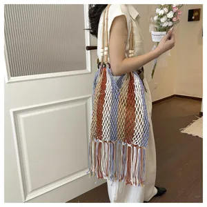 Colorful woven net bag with tassels and wooden bead straps, casual summer beach handbag.