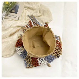 Summer colorful woven cotton rope bucket handbag casual hollow beach bag for women