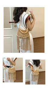 Woven fringe bucket bag for women, stylish hollow straw handbag for beach vacation and daily use.