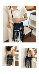 Woven fringe bucket bag detail, handmade hollow out shoulder bag for summer beach vacation.