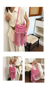 Detail view of the pink woven macrame fringe bucket bag, perfect for summer beach style.