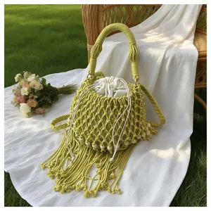 Chic woven fringe bucket bag candy color hollow beach handbag casual stylish women shoulder bag