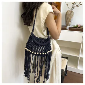Woven fringe bucket bag for women, handmade macrame shoulder bag with wooden beads beach.