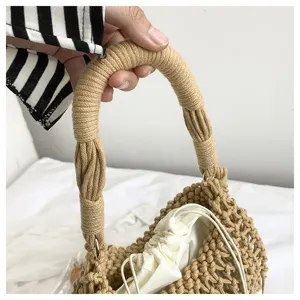 Woven hollow bucket bag detail, handmade khaki knit texture with white drawstring pouch.