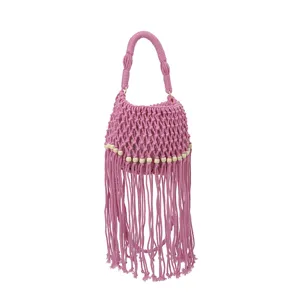 Pink macrame fringe bucket bag candy color handmade woven beach handbag shoulder vacation bag